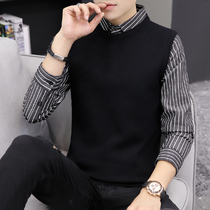 Striped shirt collar vest fake two-piece sweater mens fake collar knitted base shirt spring and autumn business leisure trend