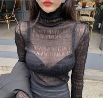 Korea Dongdaemun autumn and winter solid color pleated turtleneck solid color inner lace shirt mesh mesh bottoming shirt women