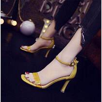 High-heeled sandals womens stiletto style 2019 new one-word buckle high-heeled shoes square toe hollow net red womens shoes all-match