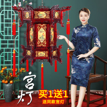 Chinese style solid wood palace lantern hexagonal red tea house sheepskin classical wedding balcony chandelier outdoor antique lantern hanging decoration