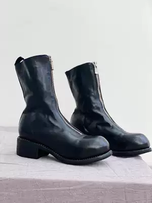 Dark guidiPL2 Horse Leather Booty Boots Women Front Zipper Retro British Do Old Women Boots Mid-heel Pleated Martin Boots
