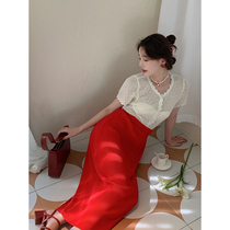 SYT bright eyes for a summer retro pure color High waist pressure pleats half body dress Women Summer high waist A word dress Fashion elegant long dress