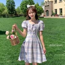 Dresses Andromeda Summer new 2021 French style vintage High waist Lean Plaid Square Collar Bubble Sleeves Dress dresses