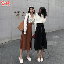 Knitted half-body dress elastic womens dress 2022 Spring and autumn medium long style design feeling small crowdIn long style nail beaded long skirt