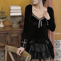 Mece of meme Black velvet suit one-piece dress woman autumn new body slimmer mesh veil bottom two sets of skirts