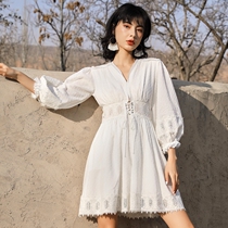 New spring and summer sweetness short dress French style small crowdsourced short cotton hemp collection waist display slim and very fairy white one-piece dress