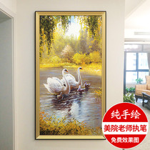 European-style porch oil painting vertical corridor decorative painting animal murals Swan Lake American pure hand-painted landscape hanging painting