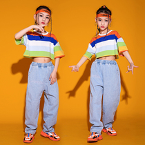June 1 childrens jazz dance costume set Girls summer short sleeve color striped navel T-shirt modern dance dress