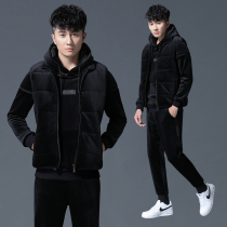 New golden velvet suit mens autumn and winter New Korean trend plus velvet thickened sports and leisure three-piece set