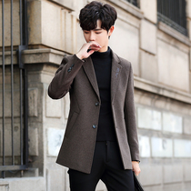Mens autumn and winter casual wool coat Korean version of the trend long woolen coat short slim windbreaker men