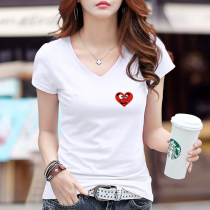 2021 summer new white T-shirt womens short sleeve slim fashion print versatile tight vneck shirt Womens T-shirt