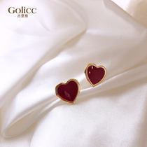 Middle heart French red peach earnails in simple girl sensibility in autumn and winter 925 pure silver ear needle