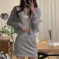 Gray sweater casual set 2021 New INS fashion lazy loose thin coat short skirt two-piece female