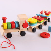 1-2-3 years old boys and girls toys baby wooden small train three pieces of wood disassembly and matching trailer