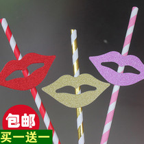 A lot of glitter birthday party decoration dress up dessert table straws red lips beard decorative paper straws 25