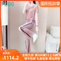 FZOG fezog sports suit female summer 2021 New loose slim casual V collar gold velvet two-piece