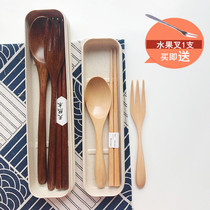 Japanese student Adult wooden chopsticks spoon Fork set travel portable tableware three sets wooden spoon Fork chopsticks box