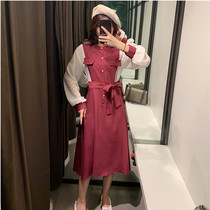 2019 Early Autumn Harbor Ethos Collection Waist Display Slim Lacing Splicing Fake two pieces Long sleeves Snowspinning Ocean Gas over kneecap dress
