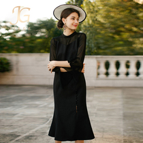 Jie song Black socialite small fragrant style elegant retro slim dress female lace sexy fishtail skirt hip dress