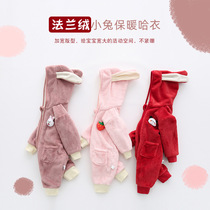 2021 childrens hooded rabbit ear autumn and winter New thick flannel jumpsuit cartoon Three-dimensional zipper climbing suit tide