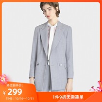 Lily spring new womens temperament flower gray waist slim long imitation hemp suit jacket 2912