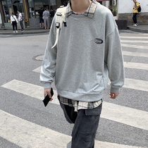 Autumn lapel stitching Plaid fake two super fire cec trend pullover clothes loose hip hop Joker long sleeve male