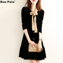 Boo Pala retro light mature wind 2021 autumn and winter New velvet long sleeve dress female temperament thin black dress