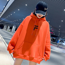 Large size foreign style 2021 new dirty orange sweater thickened velvet loose Korean version of the autumn and winter jacket hooded tide ins