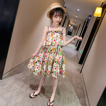 2021 new girl dress with dress and summer dress foreign air print temperament suspension with skirt beach skirt Summer girl CUHK