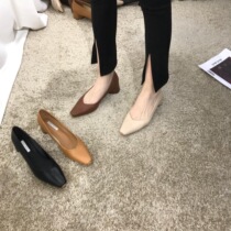 ITSK shoes womens single shoe style pointed shallow oral retro heel coarse heels and grandma shoes commute womens shoes