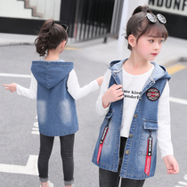 Girls  waistcoat Western spring and Autumn childrens waistcoat thin little girl denim horse clip fashion medium-long waistcoat