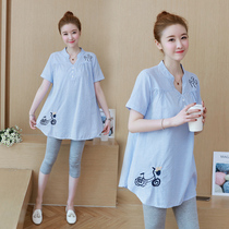 Pregnant womens summer suit fashion loose pregnant womens shirt two-piece short sleeve top summer professional shirt Women