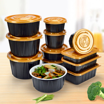 Flared flower disposable fast food box black gold plastic bowl takeaway packing box with lid lunch box round rice bowl 40 sets