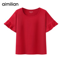 Amy love red ruffled short sleeve T-shirt Women summer 2021 New loose top cotton base shirt