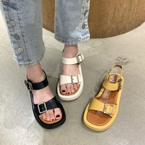 2021 Summer new sandals Toes A buckle female Han version Pine Cake Shoes Retro Thick Base Comfort Beach Shoes