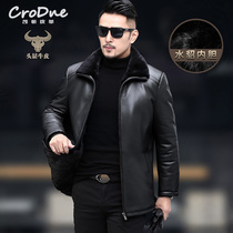 Pure first layer cowhide jacket mink coat middle-aged mens leather leather jacket medium and long leather fur one coat winter