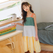 Childrens clothing summer girls seaside vest skirt Korean version of pure cotton striped suspender skirt medium and large childrens foreign style sweet long skirt