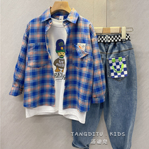 South Gate Boys Korean version of the lapel plaid long-sleeved shirt new childrens foreign style fashionable net red fried street shirt