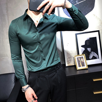 Hair stylist shirt mens long-sleeved Korean slim spring and autumn mens free hot dark green British casual inner shirt