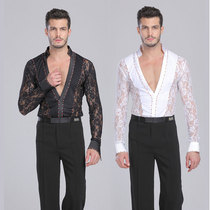 Latin dance to suit mens deep V black white lace new national standard Moden dance performance suit