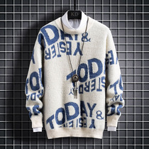 Autumn mens sweater personality letter jacquard sweater round neck pullover casual trend handsome youth thread coat