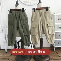 Green childrens products) Korean children 19 years winter plus suede thickened elastic large pocket work fit pants loose casual pants