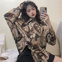 Spring and autumn Korean version of Hong Kong taste retro loose and wild design sense niche Chiffon long-sleeved flower shirt shirt womens top tide