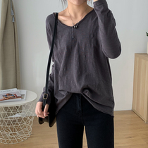 Large size womens bamboo cotton long sleeve T-shirt female v collar loose 200kg fat sister slim Joker base shirt top