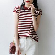 Striped short sleeve t-shirt women 2021 summer new round neck ice silk sleeveless top loose Joker knit base shirt