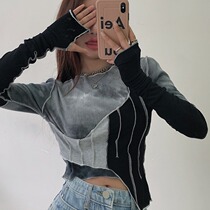 Vanya Round-collar Sweater Autumn Winter Han Edition Painting color-piece design feeling T-shirt irregularly long sleeve tops