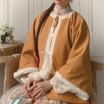 (vegetarian school) original hanfu pure color 100 lap and fluff round collar half sleeve autumn and winter everyday non-ancient clothes