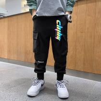 Boys overalls autumn clothes 2021 new pants childrens big childrens trousers reflective spring and autumn handsome foreign Korean tide