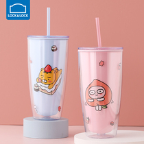 Lock lock lock double straw cup large capacity summer plastic summer net red girl heart childrens water cup KAKAO