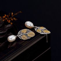 S925 Pure Silver Falling Leaves Natural Pearl Earbuds Naturist Retro 100 hitch lady small ear spikes